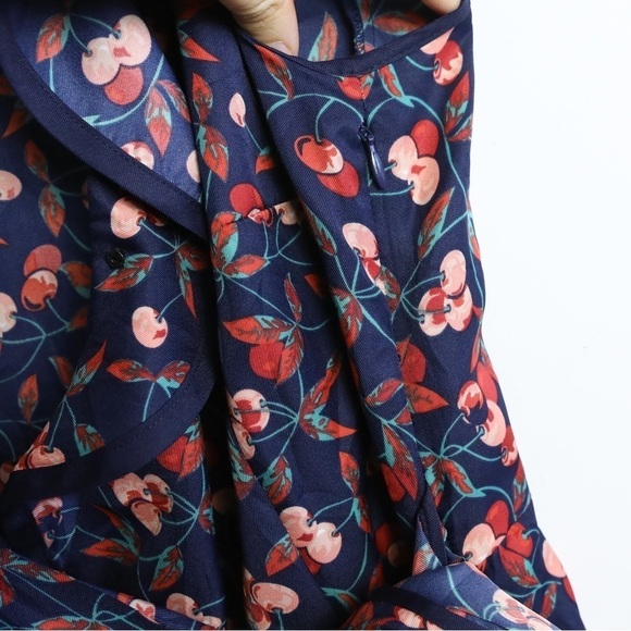 Hi There Karen Walker Anthropologie Cherry wrap dress navy 6 fruit print berry M - Picture 9 of 11